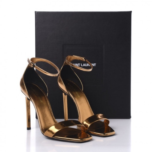 Saint Laurent Metallic Lambskin Amber 105 Ankle Strap Sandals 39.5 Egypt Gold - Picture 2 of 12